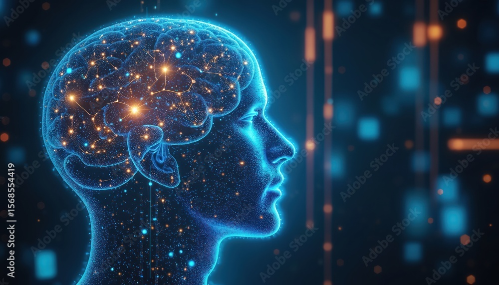 Poster glowing ai hologram human head with neural network. blue digital man connects data. futuristic techn