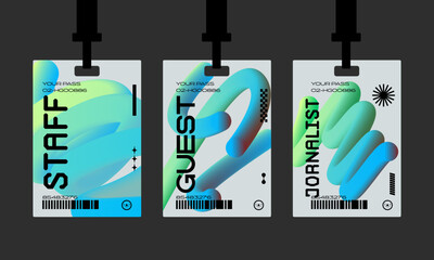 Plastic badges id card badges in a futuristic style. Journalist, guest, staff. Identification cards on a string, entrance ticket, pass	
