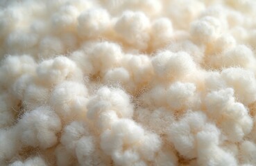 Close-up texture of soft white curly wool, resembling seamless fluffy background. Natural material, possibly sheep lamb wool, features short, dense fibers with luxurious, warm feel suitable for
