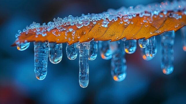 Frozen leaf Brown leaf edge covered in clear icicles, blue bokeh background