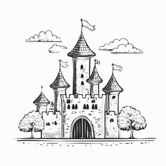 Fototapeta premium Medieval castle cartoon fairytale castle hand drawn design vector
