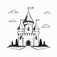 Obraz premium Medieval castle cartoon fairytale castle hand drawn design vector