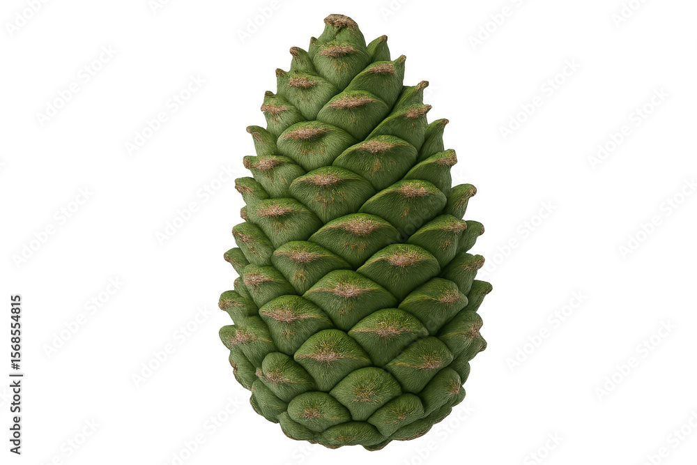 Poster green pine cone close-up displaying textured scales, resting against transparent backdrop for seamle