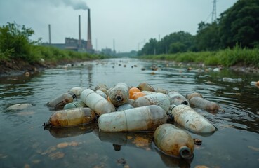 Plastic bottles, debris float in polluted water with factory smokestacks in background. Scene highlights environmental contamination, risk to health. Dirty water, industrial pollution show ecological
