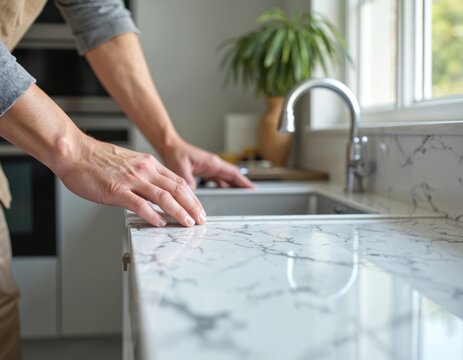 Hands installing sleek marble pattern countertops during kitchen renovation. Skilled hands fit new stone surface around sink. Modern home improvement, construction, home decor, interior design