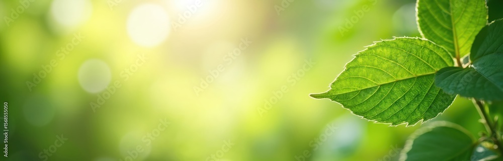 Aufkleber bright green leaf in sharp focus against soft, blurred background of summer garden foliage. sunlight
