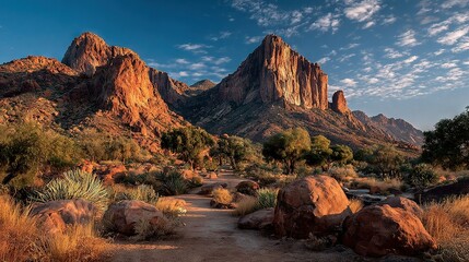 Dirt road in front of mountain range with trees & bushes in foreground and blue sky with wispy clouds in background