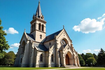 Fototapeta premium Majestic Stone Church with Towering Steeple under a Clear Blue Sky A Peaceful Architectural Masterpiece for Religious and Historical Contexts