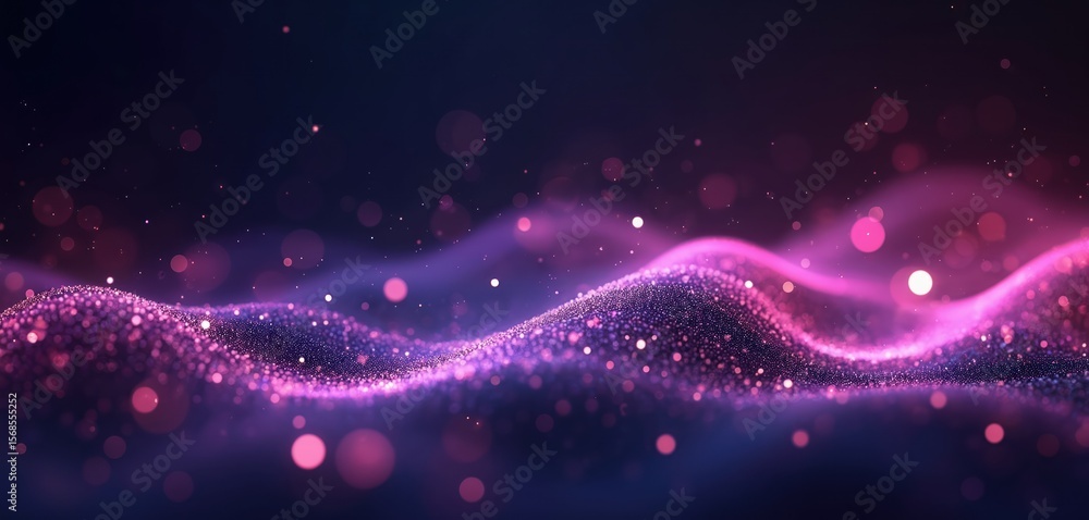 Poster abstract background with glowing purple particles forming wavy digital network. features flowing lin