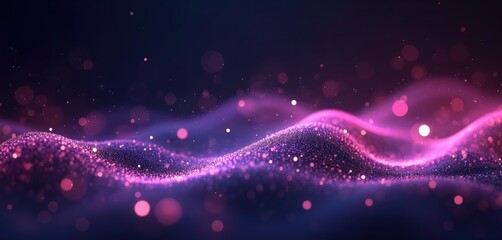 Fototapeta premium Abstract background with glowing purple particles forming wavy digital network. Features flowing lines, neon effects, dark, futuristic space concept, perfect for technology presentations digital art.