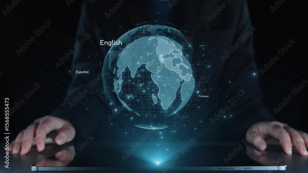 Poster this image showcases a digital interface displaying various languages, highlighting global communica