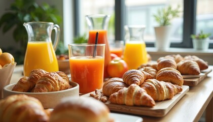 Assorted pastries, fresh juices presented for office brunch. Delicious nourishing treats for team members, fostering communal gathering, workplace refreshment. Healthy options offer delightful meal