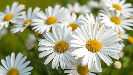 Obraz premium Fresh white daisies in full bloom, arranged beautifully against a green backdrop.