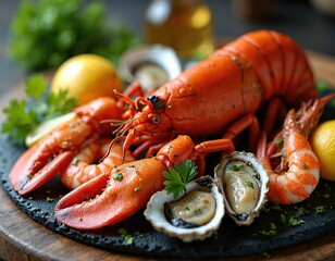 Luxurious gourmet seafood platter features whole lobster, succulent shrimp, fresh oysters. Garnished with parsley, lemon slices, oceanic delicacy offers delicious culinary experience for discerning