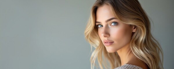 Side portrait of elegant blonde woman, beautiful blue eyes, soft makeup, studio shot against neutral background. Captures serene, youthful beauty and style, perfect for fashion or skincare themes.