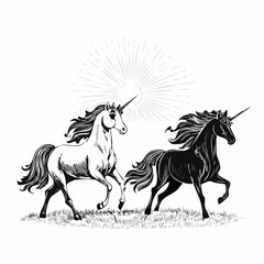 Two Magical Unicorns Running Freely on a Sunny Morning Field Illustration Vector in Fantasy Style
