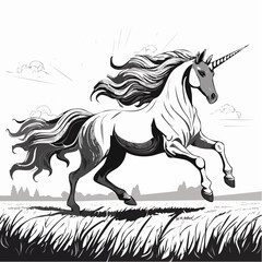 Two Magical Unicorns Running Freely on a Sunny Morning Field Illustration Vector in Fantasy Style