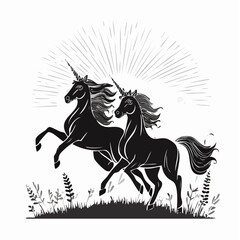 Two Magical Unicorns Running Freely on a Sunny Morning Field Illustration Vector in Fantasy Style