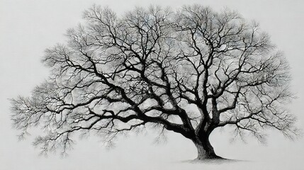   A monochrome image of a tree devoid of foliage on its limbs and bare of leaves