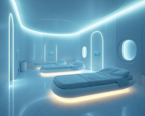 A serene therapy room where light glows softly from devices, symbolizing the integration of medicine and care