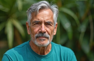 Close-up portrait of serious senior biracial man with gray hair and beard outdoors. He wears teal t-shirt. Rich green plants create blurred natural background, suggesting peaceful summer day in park.
