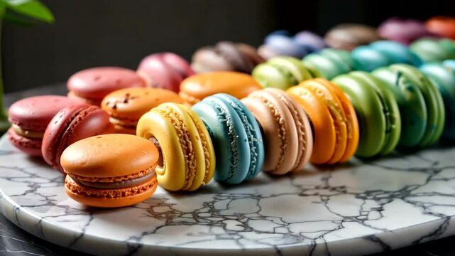 Rows of colorful French macarons on a marble platter, close-up