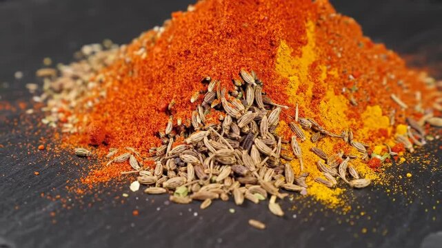 Vibrant spices pouring and blending: turmeric, paprika, and cumin on slate