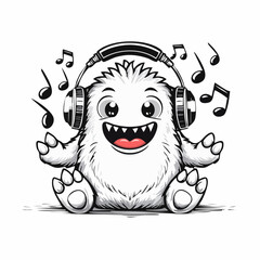 Cute Monster Listening to Music with Headphones in a Relaxed Vector Illustration