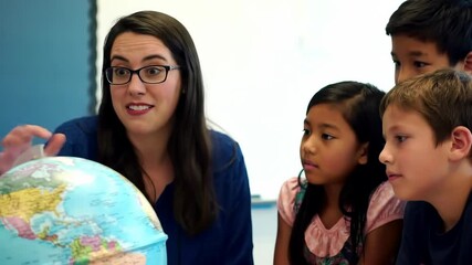 Engaging geography lesson with enthusiastic teacher and attentive students exploring a globe - Powered by Adobe