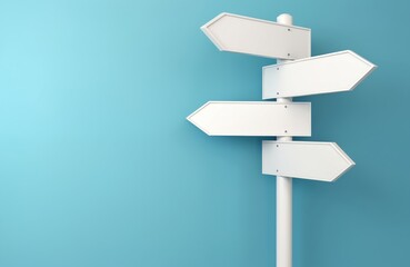 Obraz premium Blank directional road signs on blue background symbolize choices, navigation, decision-making, future paths, and guidance in life. Simple, minimal concept for travel, information, and opportunities.