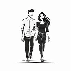 Walking happy modern young people couple in love vector image on white Background.