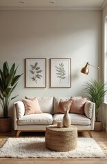 Stylish living room features a comfortable cream sofa with blush pillows, botanical art on walls, houseplant, floor lamp. Woven ottoman on fluffy rug.