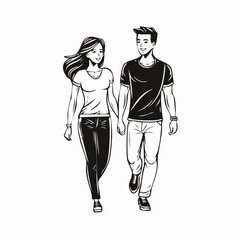 Walking happy modern young people couple in love vector image on white Background.