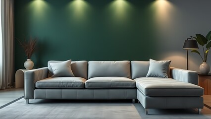 Modern living space featuring a minimalist grey sofa with marble accents against a green wall, softly lit with a clean composition.