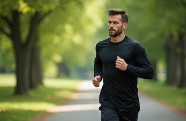 Fit man running in park wearing black sportswear. Athletic male with beard trains outdoors on paved path amidst green trees. Focused on health and fitness goals, active lifestyle.