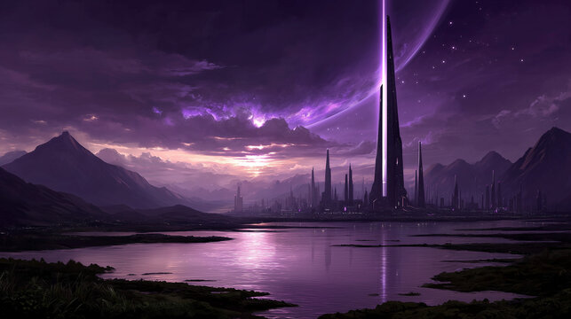 A futuristic city with tall glowing towers by a lake, under a purple sky and a massive ringed planet, surrounded by mountains.