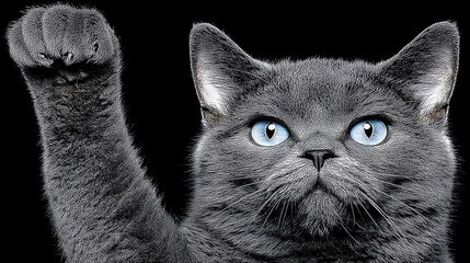 Close up of a gray cat with blue eyes raising one paw, isolated on black background, looking curious and attentive.