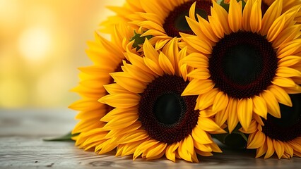 A vibrant sunflower arrangement on a rustic wooden surface, radiating warmth and natural beauty.