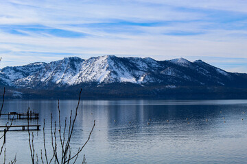 View of snowy mountains from Lake Tahoe
