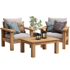 Outdoor furniture set with lanterns isolated on transparent background