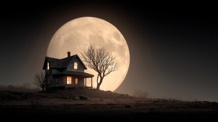 Obraz premium Eerie moonlight scene featuring an old house against a giant full moon