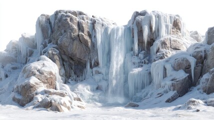 Majestic frozen waterfall with icicles and snowy rocks, a winter wonderland landscape