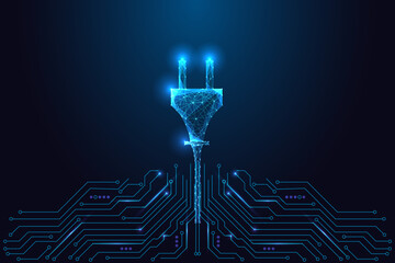 Digital green power plug sprouting from circuit board, clean energy and eco technology concept