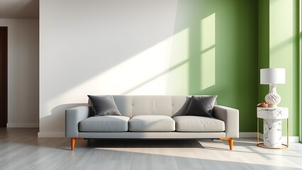 Modern living room with grey sofa and green accent wall, featuring elegant marble decor.