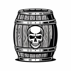Wooden Beer Barrel with Human Skull Illustration in Dramatic Black and White Vector Artwork