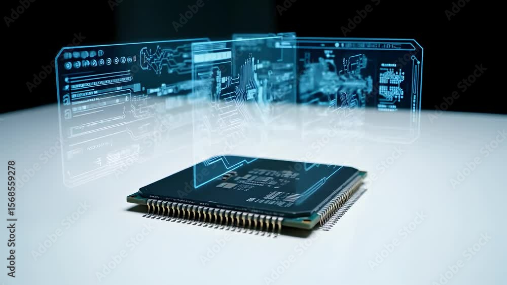 Poster futuristic computer chip with holographic interface illustrating advanced technology and innovation