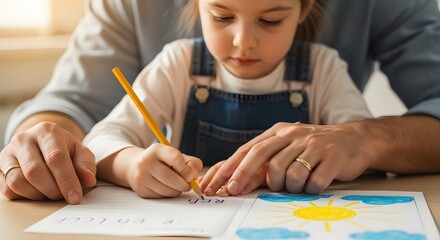 Father's day: dad helping daughter draw at home.