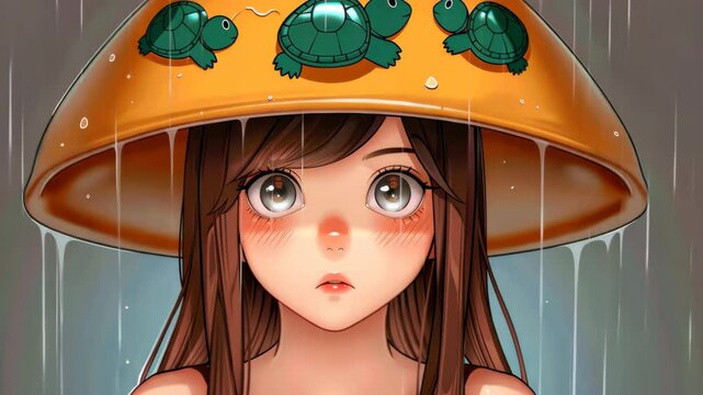 Whimsical Turtle Hat in the Rain: A young girl, shielding herself under a whimsical hat adorned with charming turtle designs, experiences a serene moment in the gentle rain.