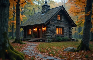 Cozy stone log cabin nestled forest during moody autumn day. Warm lights glow windows, inviting entrance. Path stone slabs carpeted fallen leaves. Surrounded colorful trees, serene nature backdrop.