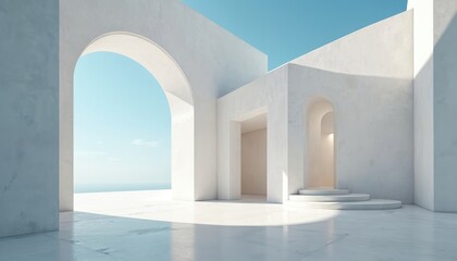 Modern concrete architectural structure with arches, steps. Minimalist white exterior design, empty cement floor, bright blue sky background. Futuristic building facade, geometric shapes, strong